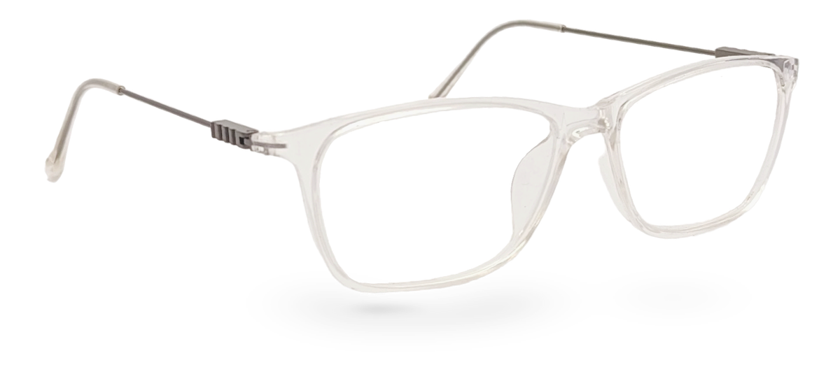 Eyelevel-UK Oregon reading glasses with a transparent softly squared plastic frame and clear magnifying lenses.