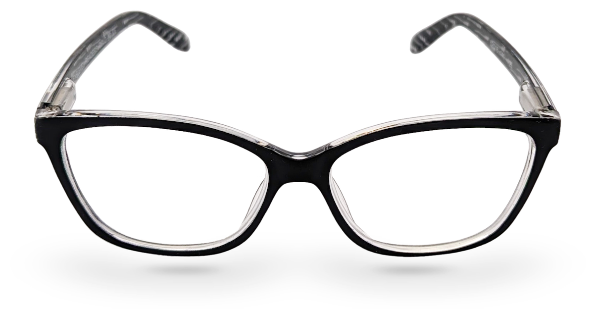 Eyelevel-UK Oslo reading glasses with a black and white softly squared plastic frame and clear magnifying lenses
