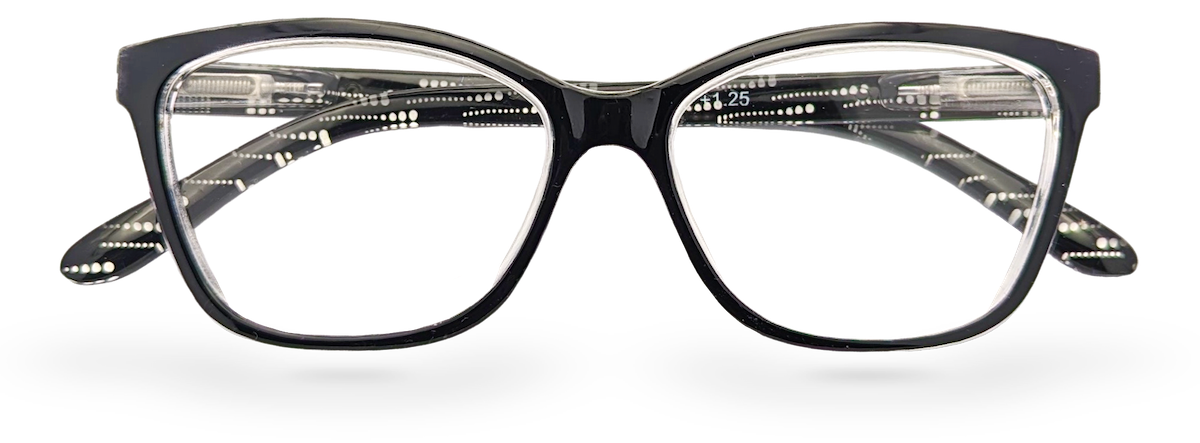 Eyelevel-UK Oslo reading glasses with a black and white squared plastic frame and clear magnifying lenses