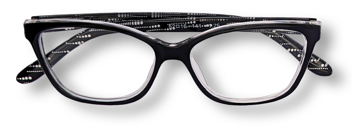 Eyelevel-UK Oslo reading glasses with a black and white patterned rectangular plastic frame and clear lenses.