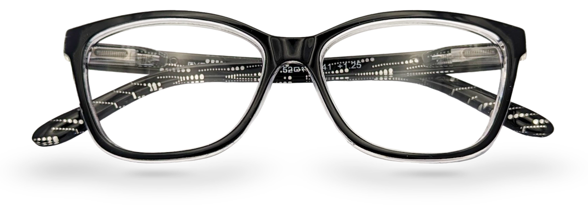 Eyelevel-UK Oslo reading glasses with a black and white squared plastic frame and clear magnifying lenses