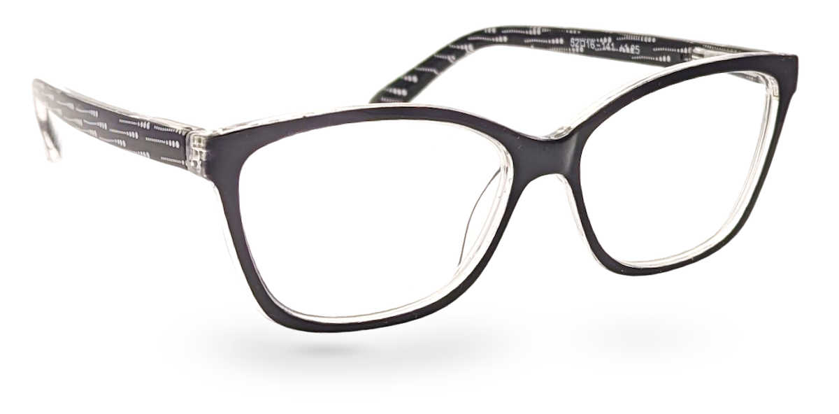 Eyelevel-UK Oslo reading glasses with a black and white squared plastic frame and clear magnifying lenses