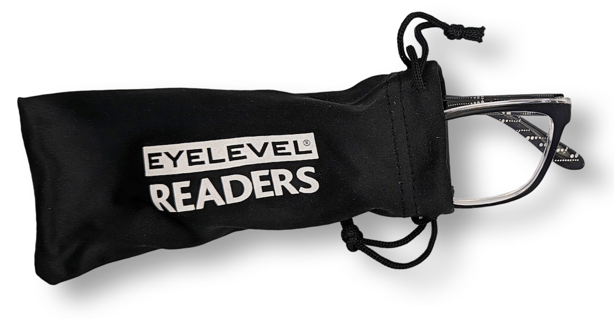 Eyelevel-UK Oslo reading glasses with black and white patterned frames tucked inside a black branded drawstring pouch
