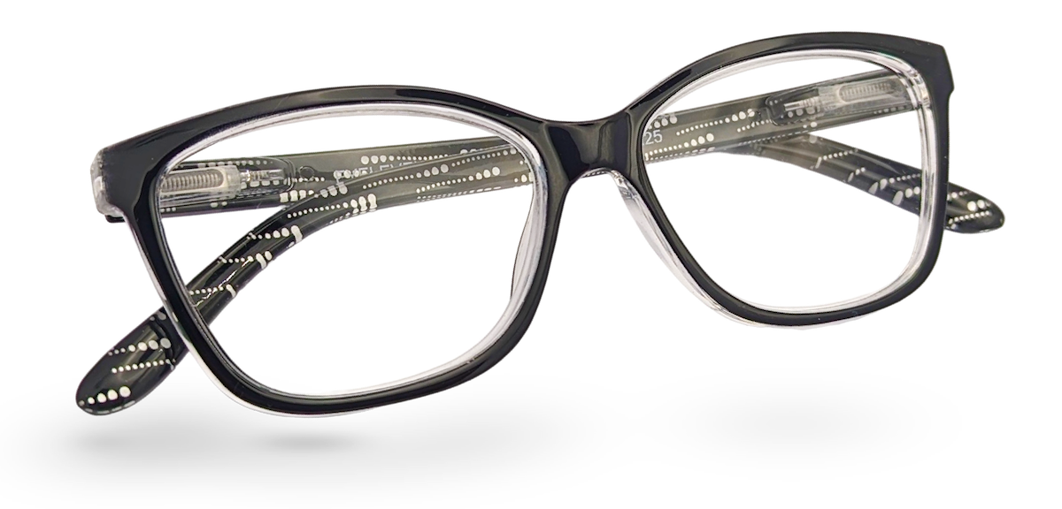 Eyelevel-UK Oslo reading glasses with a black and white patterned rectangular frame and clear magnifying lenses.