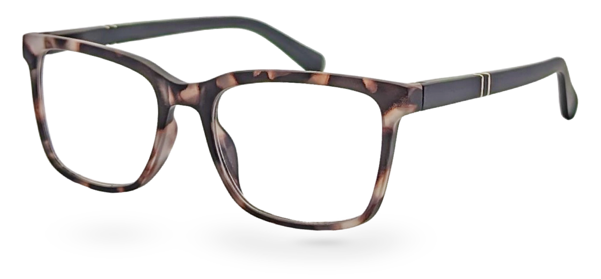 Eyelevel-UK Oxford reading glasses with a brown and matt black softly squared plastic frame and clear lenses.