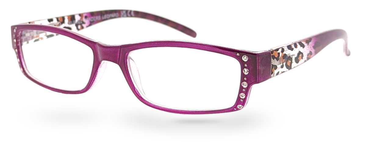 Eyelevel-UK leopard print reading glasses with a pink rectangular frame and decorative rhinestones on the temples.