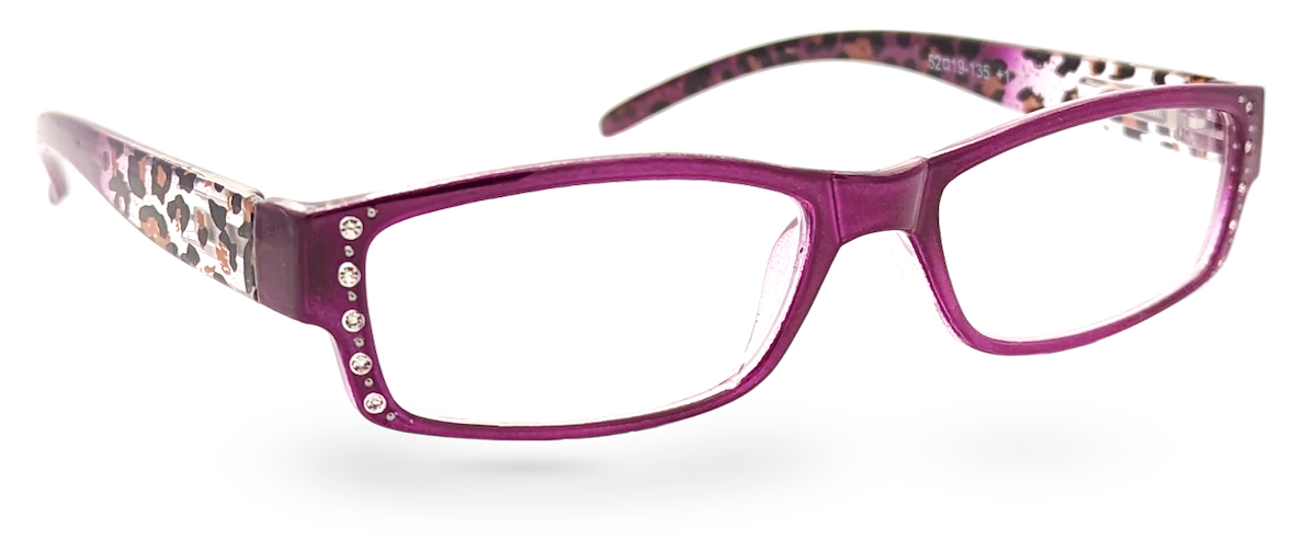 Eyelevel-UK leopard print reading glasses with a pink rectangular frame and decorative rhinestones on the temples.