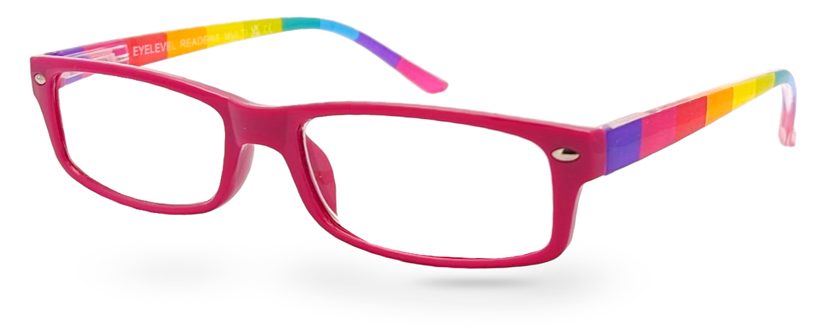 Eyelevel-UK pink rectangular reading glasses with rainbow striped temples and clear magnifying lenses.