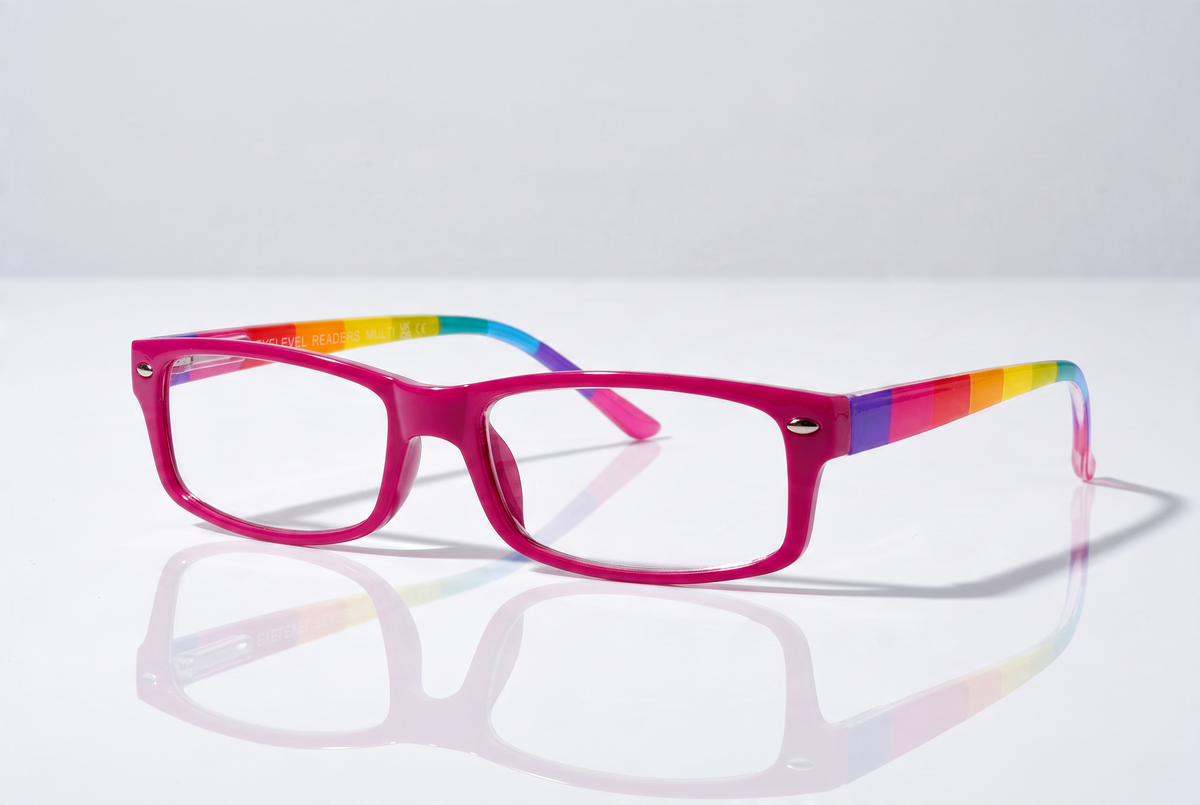 Eyelevel-UK rectangular reading glasses with a pink frame and colourful rainbow temples on a reflective surface.