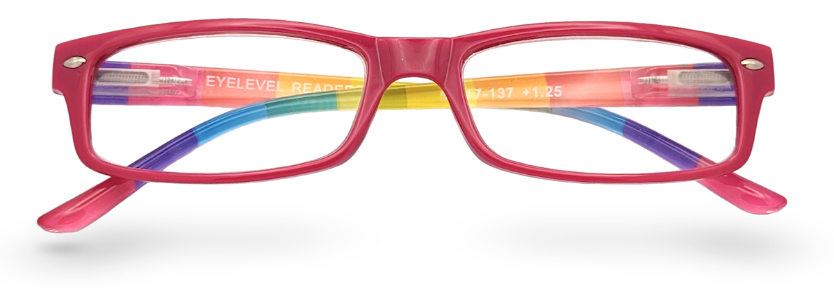 Eyelevel-UK rectangular reading glasses with a pink frame and colourful rainbow-patterned temples.