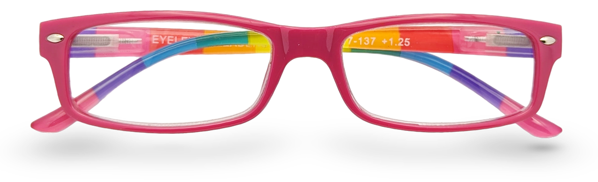 Eyelevel-UK rectangular reading glasses with a pink frame and rainbow-patterned arms on a white background