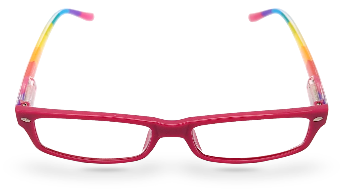 Eyelevel-UK rectangular reading glasses with a pink frame and colourful rainbow pattern on the temples