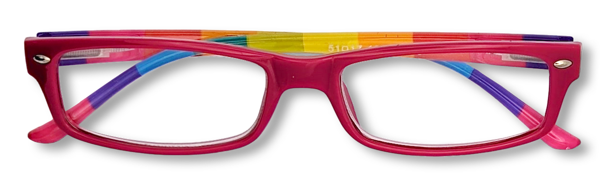 Eyelevel-UK rectangular reading glasses with a vibrant pink and rainbow striped plastic frame and clear lenses.