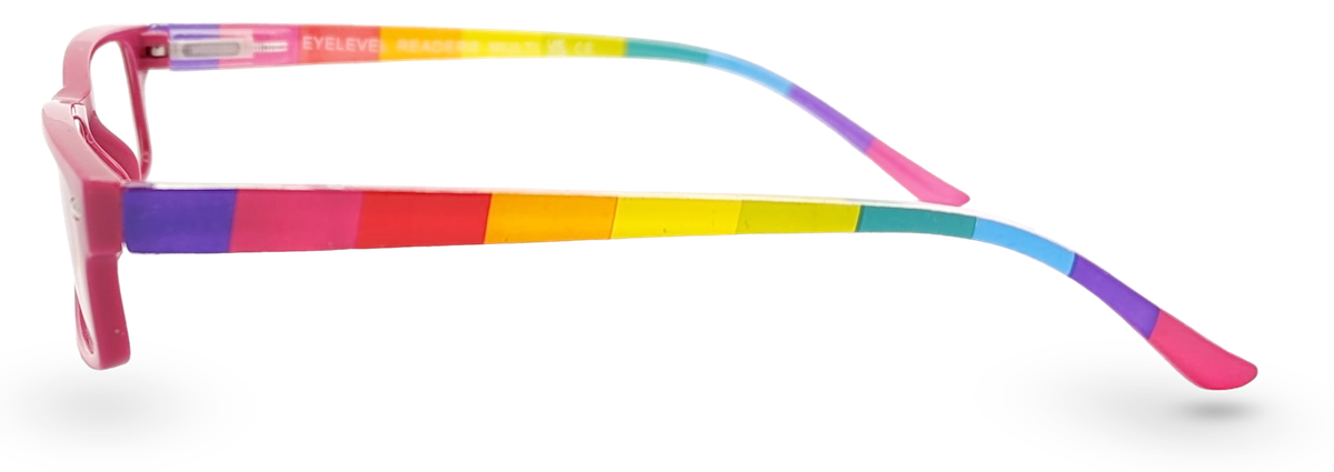Eyelevel-UK Multi Reading Glasses with a pink rectangular frame and colourful rainbow striped temples