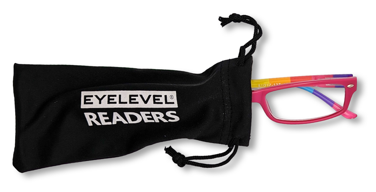 Eyelevel-UK multi-coloured rectangular reading glasses with pink frames and a black branded storage pouch