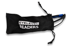 Eyelevel-UK Active Blue reading glasses inside a black drawstring storage pouch with white logo branding