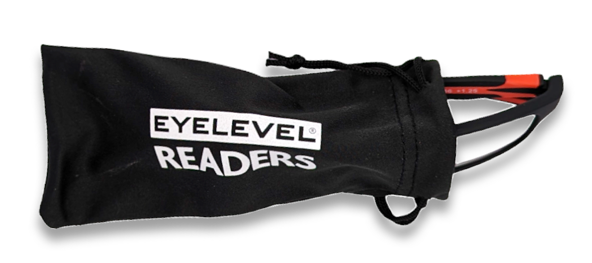 Eyelevel-UK reading glasses partially inside a black branded felt pouch with white logo text