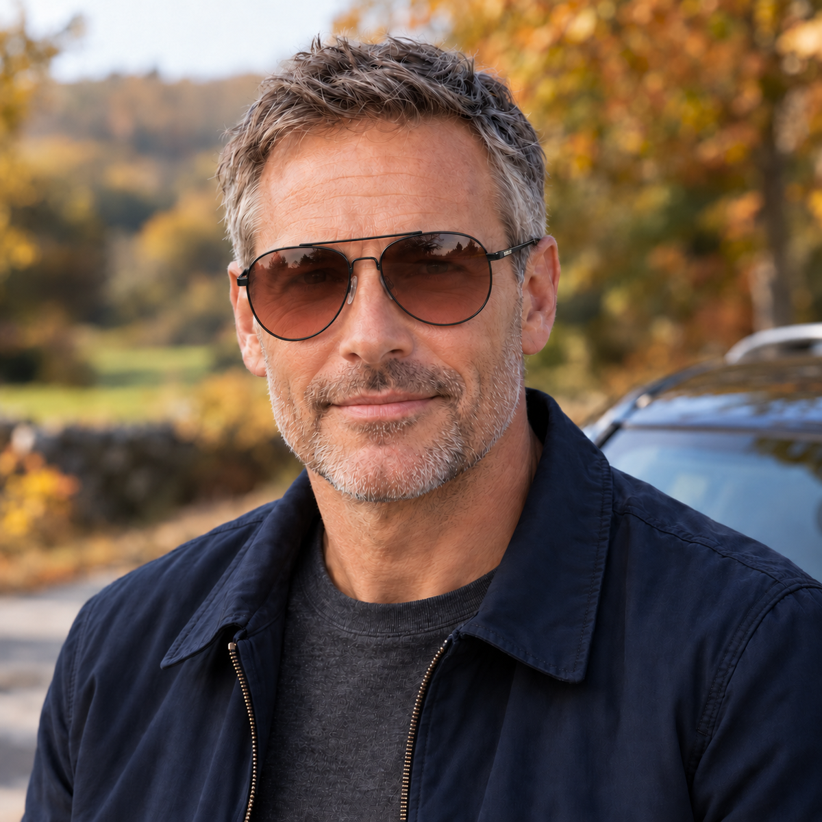 Eyelevel-UK Roadster driving sunglasses with high density lenses worn by a man outdoors near a car