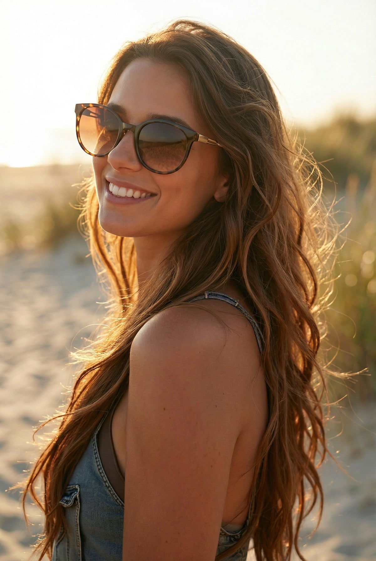 Woman wearing Eyelevel-UK Robyn oversized round sunglasses with brown tortoiseshell frames and gradient lenses at sunset