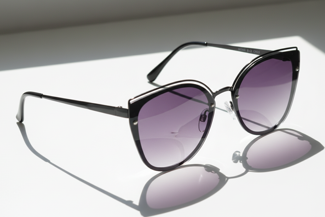 Eyelevel-UK Rosie cat-eye sunglasses with a black frame, light gold detail, and grey gradient UV400 lenses.