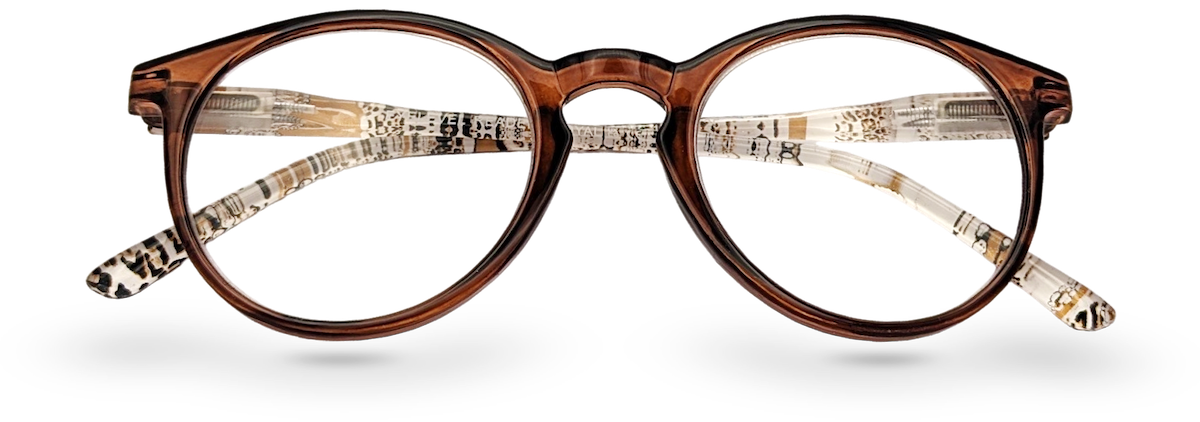 Eyelevel-UK Royal reading glasses with a brown animal print round plastic frame and clear magnifying lenses