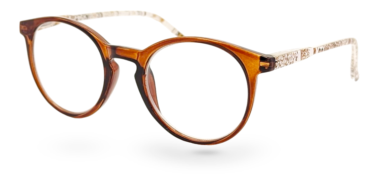 Eyelevel-UK Royal reading glasses featuring a brown round plastic frame with patterned temples and clear lenses.