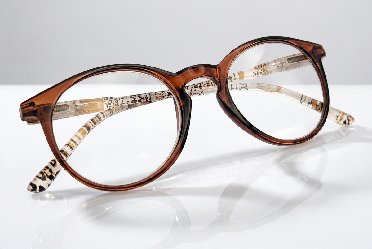 Eyelevel-UK Royal reading glasses with a brown round frame and animal print temple details on a reflective surface.