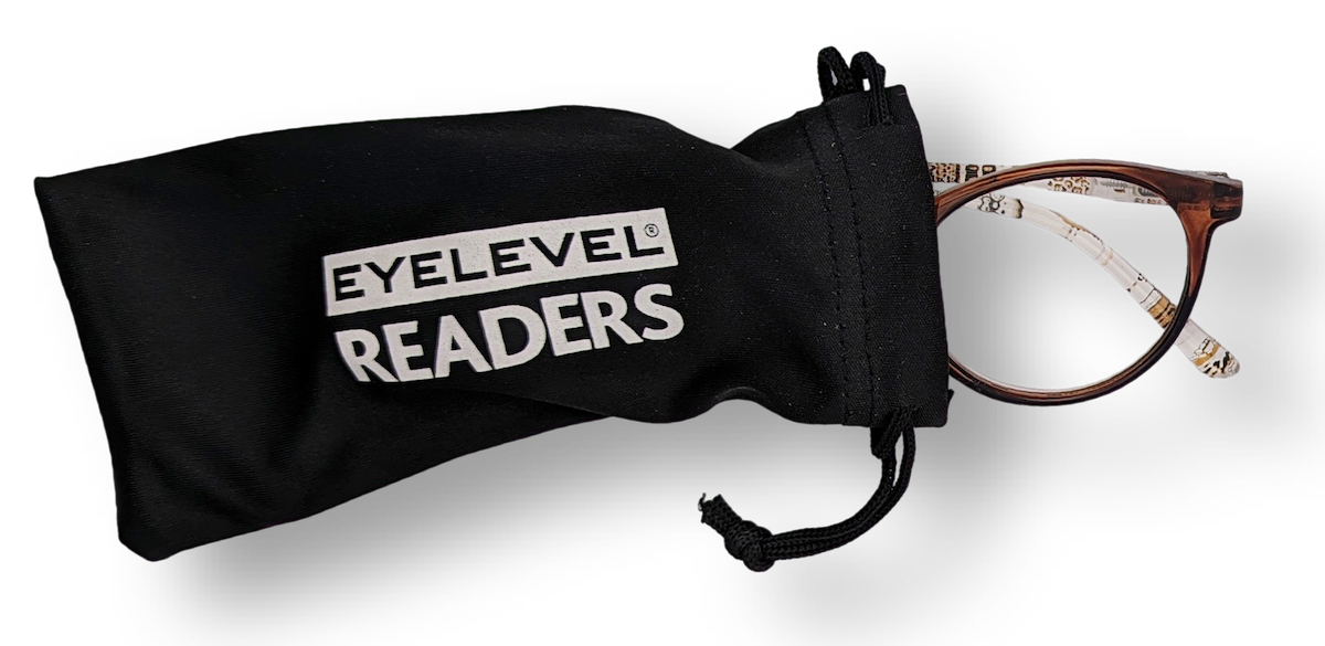 Eyelevel-UK Royal reading glasses with brown animal print round frames partially inside a black branded pouch.