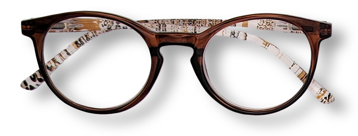 Eyelevel-UK Royal round reading glasses with a brown animal print plastic frame and clear magnifying lenses