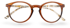 Eyelevel-UK Royal reading glasses with a brown animal print round plastic frame and clear magnifying lenses.