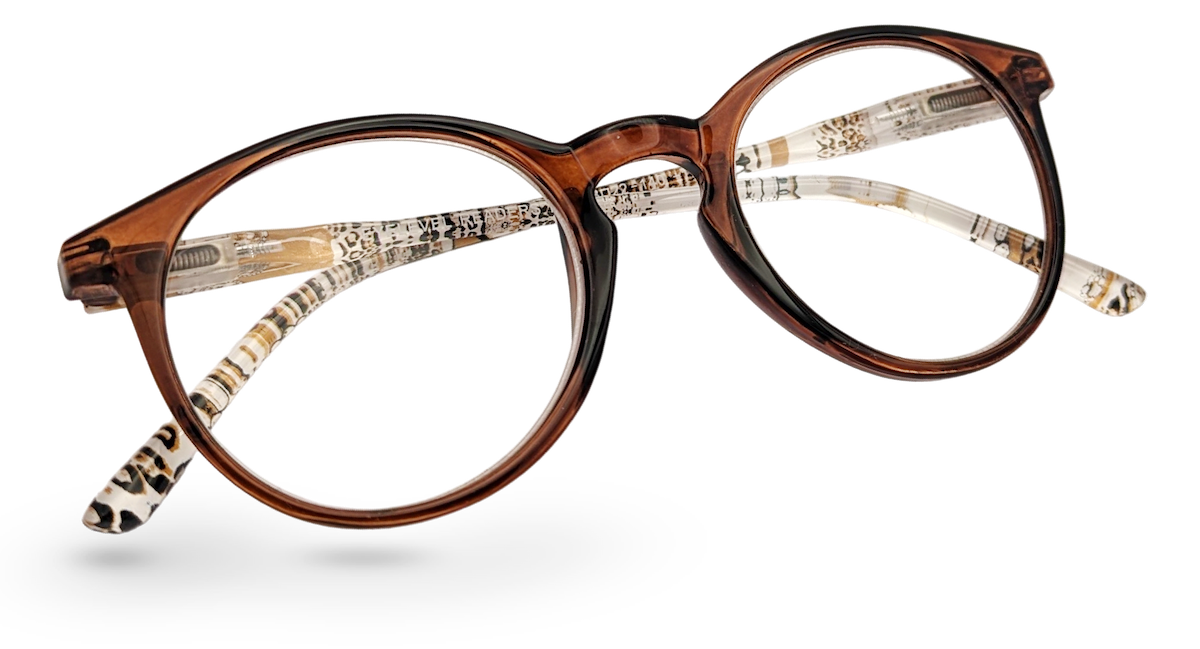 Eyelevel-UK Royal reading glasses with brown round frames and animal print temples on a white background