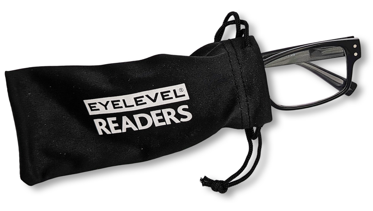 Eyelevel-UK Samuel Black rectangular reading glasses partially inside a black drawstring storage pouch