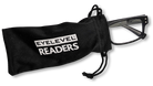 Eyelevel-UK Samuel Black rectangular reading glasses partially inside a black drawstring storage pouch