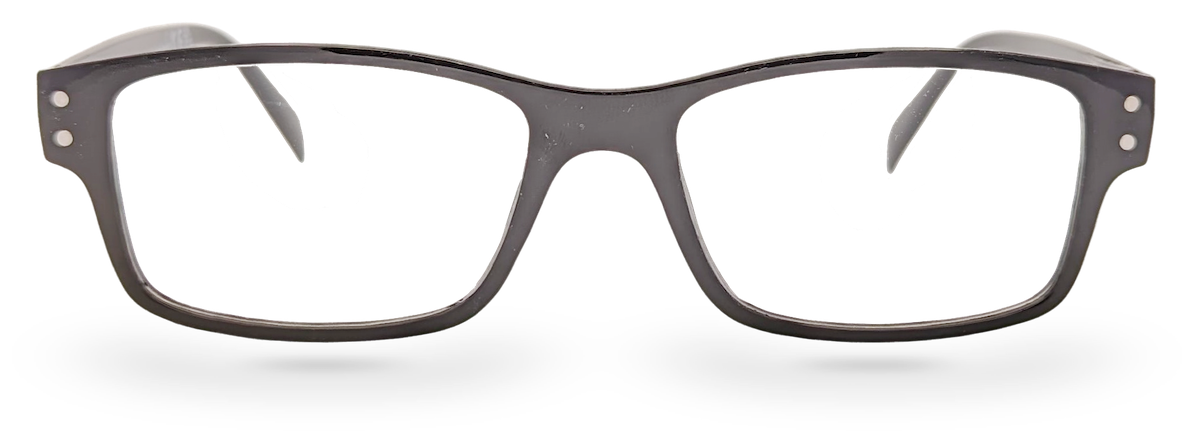 Eyelevel-UK Samuel Black rectangular reading glasses with a full rim plastic frame and clear magnifying lenses.