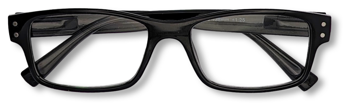 Eyelevel-UK Samuel Black reading glasses featuring a classic black rectangular plastic frame and clear lenses.
