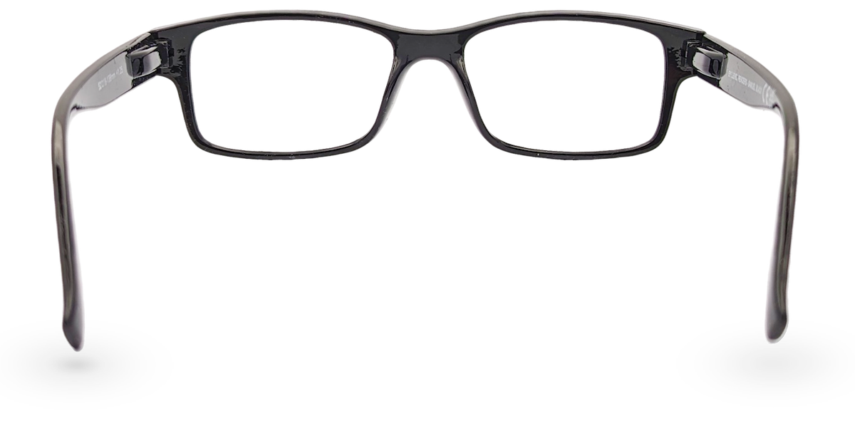 Eyelevel-UK Samuel Black rectangular reading glasses with a classic full rim black plastic frame, back view.