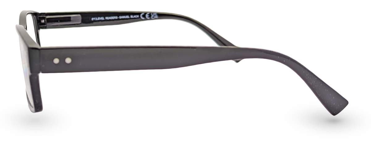 Eyelevel-UK Samuel Black reading glasses featuring a classic black rectangular plastic frame in a side profile view.