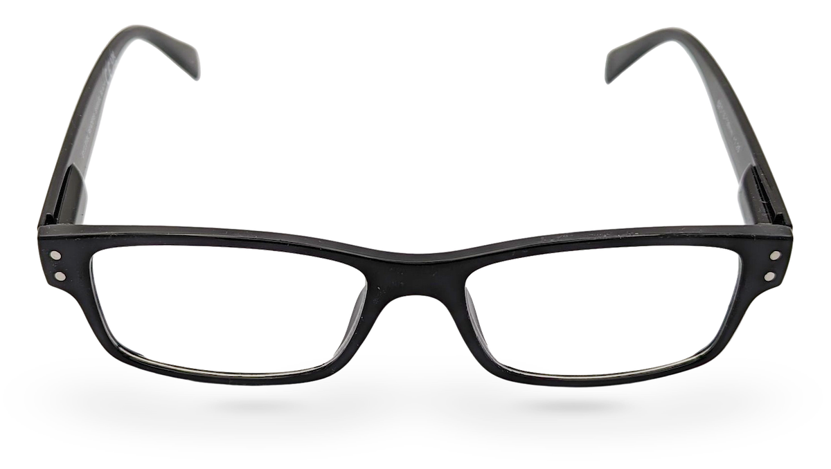 Eyelevel-UK Samuel Black reading glasses with a classic rectangular black plastic frame and clear magnifying lenses.