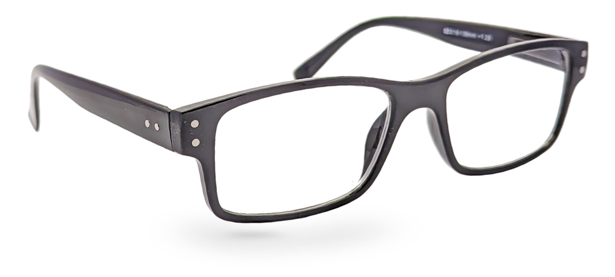 Eyelevel-UK Samuel Black rectangular reading glasses with a classic black plastic frame and clear magnifying lenses.