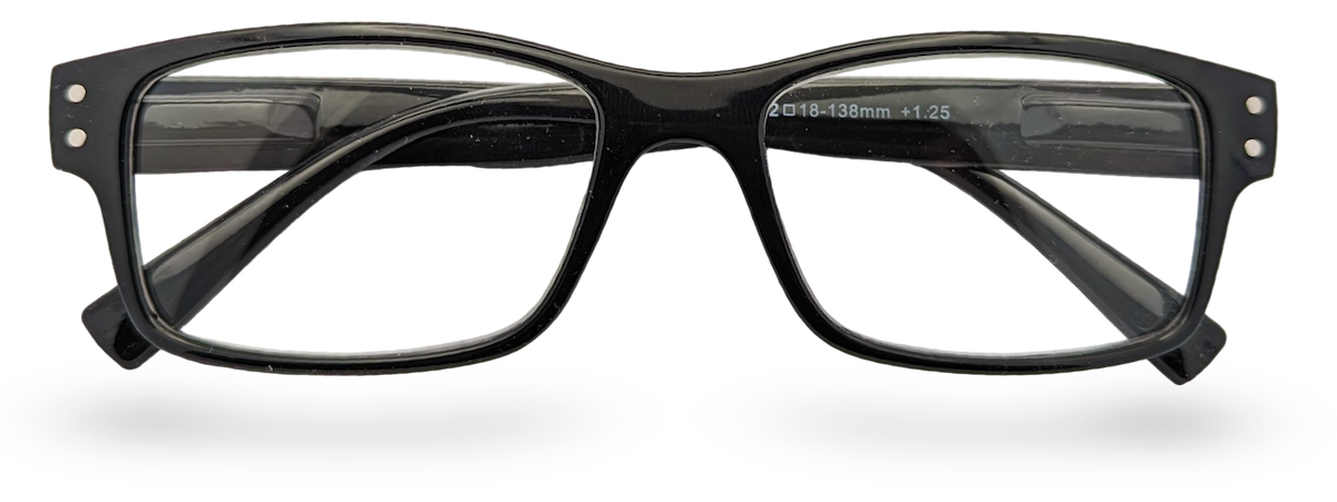 Eyelevel-UK Samuel Black rectangular reading glasses with a classic full-rim plastic frame and clear lenses.