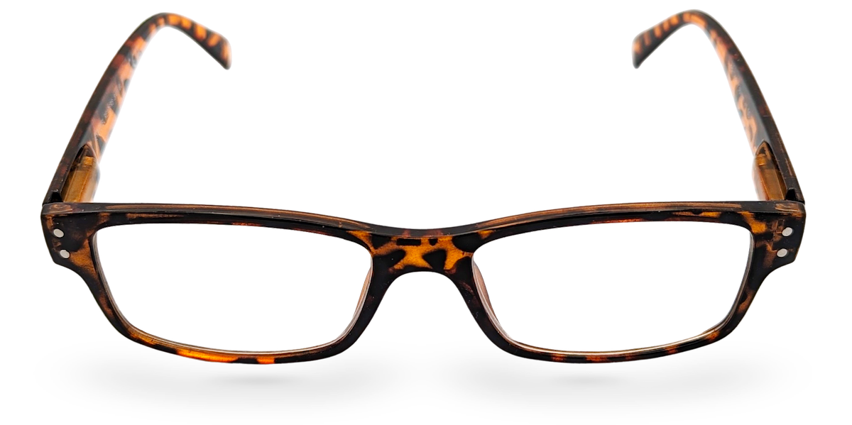 Eyelevel-UK Samuel Brown reading glasses with a retro tortoiseshell square plastic frame and clear magnifying lenses.