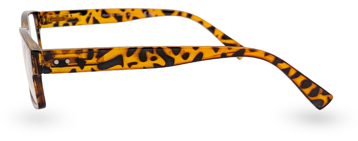Eyelevel-UK Samuel Brown reading glasses with a brown tortoiseshell square plastic frame, side profile view.