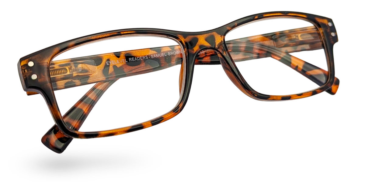 Eyelevel-UK Samuel Brown reading glasses with a brown tortoiseshell square plastic frame and clear magnifying lenses.