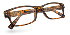 Eyelevel-UK Samuel Brown reading glasses with a brown tortoiseshell square plastic frame and clear magnifying lenses.