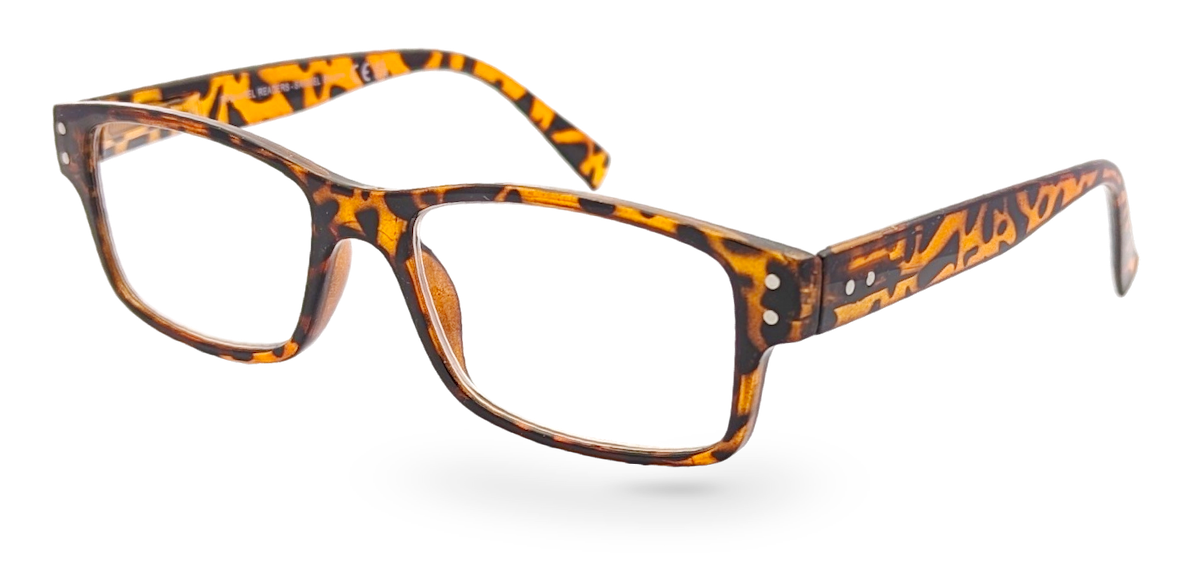 Eyelevel-UK Samuel Brown square reading glasses with a retro tortoiseshell plastic frame and clear magnifying lenses.