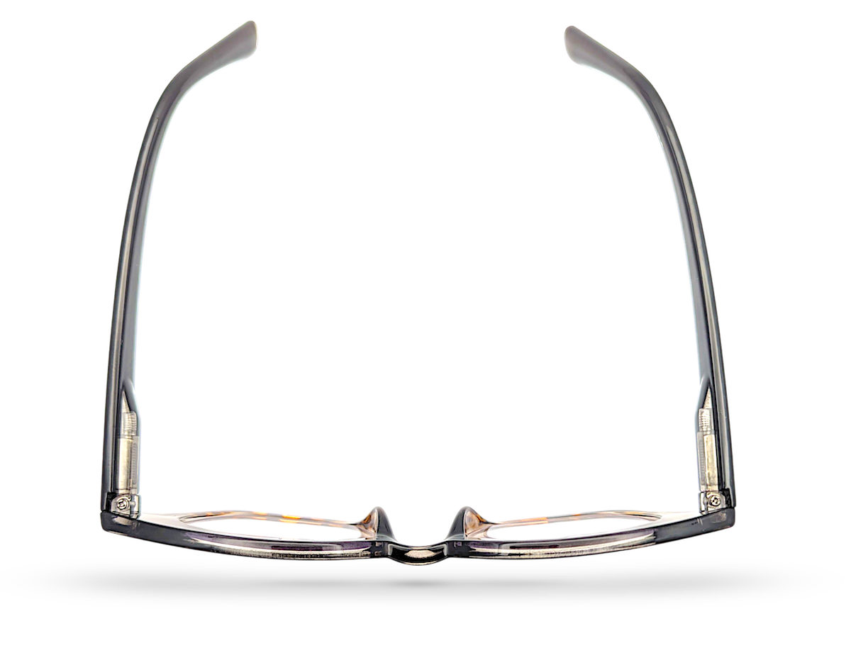 Eyelevel-UK Santorini square reading glasses with a black and brown tortoiseshell frame, viewed from above.