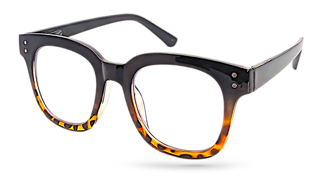 Eyelevel-UK Santorini reading glasses with a black and brown tortoiseshell square frame and clear magnifying lenses.