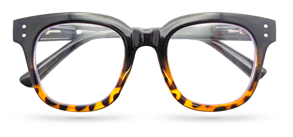 Eyelevel-UK Santorini square reading glasses with black and brown tortoiseshell plastic frames and clear lenses.