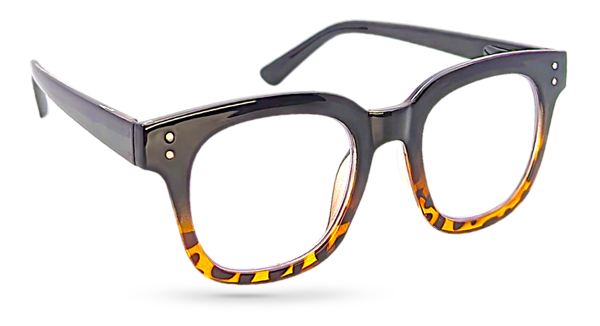 Eyelevel-UK Santorini reading glasses with a black and brown tortoiseshell square frame and clear magnifying lenses.