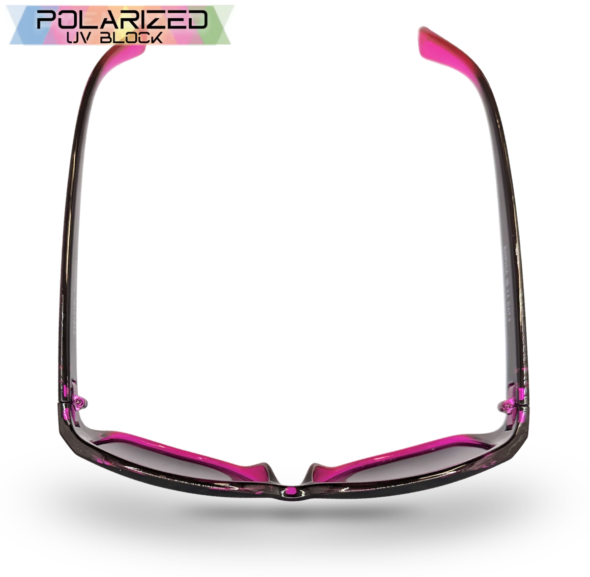 Eyelevel-UK Sophia rectangular polarized sunglasses in black and pink with grey lenses, viewed from above.
